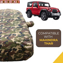 Autofact Thar Car Cover - TearTough - Dog Proof / Waterproof Car Body Cover for Mahindra Thar - With Mirror Pockets, Triple Stitched, Bottom Fully Elastic, Adjustable Belt and Buckle (Jungle Print 4x4)