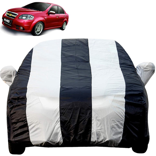 Autofact Aveo Car Cover - EasyShield - Car Body Cover for Chevrolet Aveo - With Mirror Pockets, Triple Stitched, Bottom Fully Elastic, Adjustable Belt and Buckle (White Blue Stripes)
