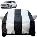 Autofact Ioniq Car Cover - EasyShield - Car Body Cover for Hyundai Ioniq - With Mirror Pockets, Triple Stitched, Bottom Fully Elastic, Adjustable Belt and Buckle (White Blue Stripes)