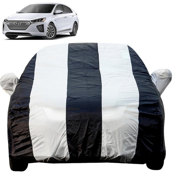 Autofact Ioniq Car Cover - EasyShield - Car Body Cover for Hyundai Ioniq - With Mirror Pockets, Triple Stitched, Bottom Fully Elastic, Adjustable Belt and Buckle (White Blue Stripes)