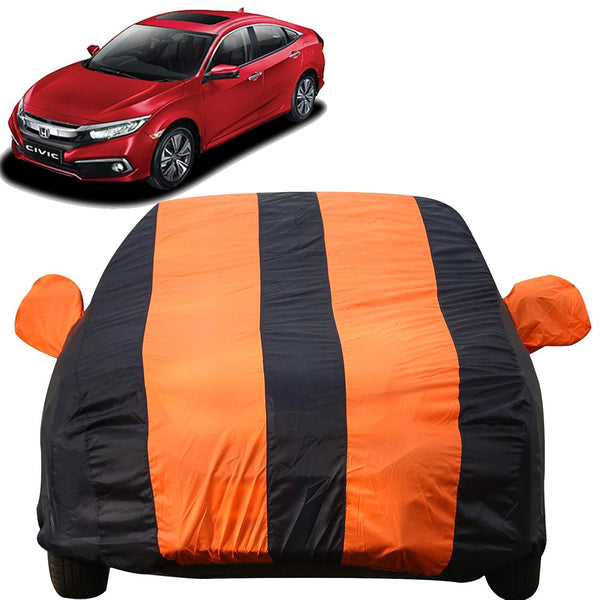 Autofact Civic New Model Car Cover - EasyShield - Car Body Cover for Honda Civic New Model - With Mirror Pockets, Triple Stitched, Bottom Fully Elastic, Adjustable Belt and Buckle (Orange Blue Stripes)