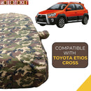 Autofact Etios Cross Car Cover - TearTough - Dog Proof / Waterproof Car Body Cover for Toyota Etios Cross - With Mirror Pockets, Triple Stitched, Bottom Fully Elastic, Adjustable Belt and Buckle (Jungle Print 4x4)