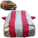 Autofact Kushaq Car Cover - FlexGuard - Waterproof Car Body Cover for Skoda Kushaq - With Mirror Pockets, Triple Stitched, Bottom Fully Elastic, Adjustable Belt and Buckle (Silver / Pink Stripes)