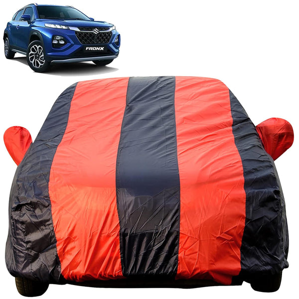 Autofact Fronx Car Cover - EasyShield - Car Body Cover for Maruti Fronx - With Mirror Pockets, Triple Stitched, Bottom Fully Elastic, Adjustable Belt and Buckle (Red Blue Stripes)