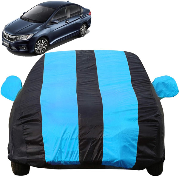 Autofact City Idtech Car Cover - EasyShield - Car Body Cover for Honda City Idtech - With Mirror Pockets, Triple Stitched, Bottom Fully Elastic, Adjustable Belt and Buckle (Teak Blue Stripes)