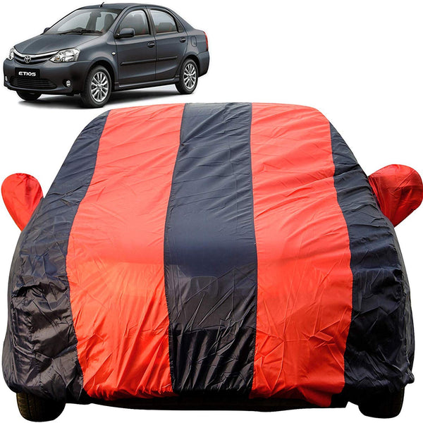 Autofact Etios Car Cover - EasyShield - Car Body Cover for Toyota Etios - With Mirror Pockets, Triple Stitched, Bottom Fully Elastic, Adjustable Belt and Buckle (Red Blue Stripes)