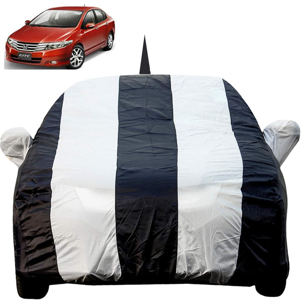 Autofact City Ivtech Car Cover - EasyShield - Car Body Cover for Honda City Ivtech - With Mirror Pockets, Triple Stitched, Bottom Fully Elastic, Adjustable Belt and Buckle (White Blue Stripes)