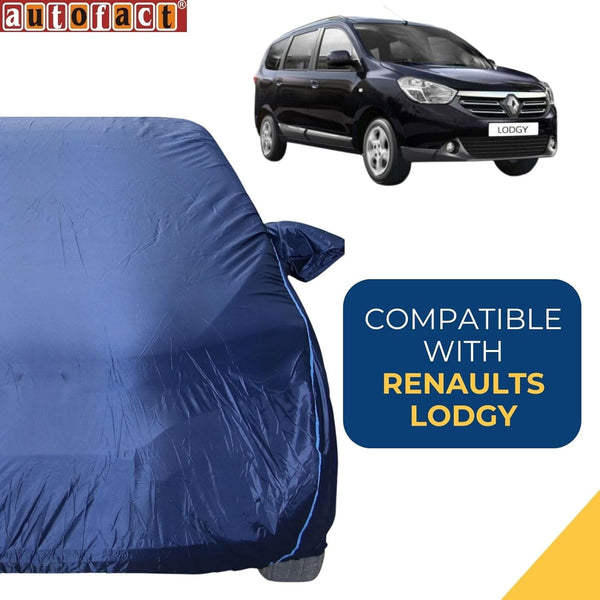 Autofact Lodgy Car Cover - CoreProtect - Water Resistant Car Body Cover for Renaults Lodgy - With Mirror Pockets, Triple Stitched, Bottom Fully Elastic, Adjustable Belt and Buckle (Navy 210D)