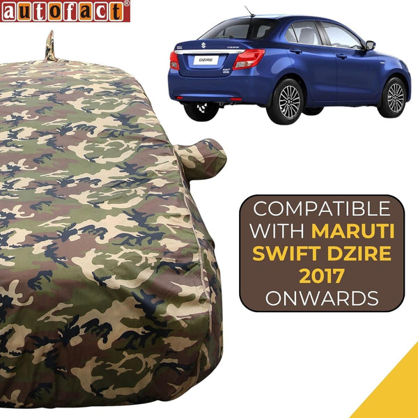 Autofact Swift Dzire New Model Car Cover - TearTough - Dog Proof / Waterproof Car Body Cover for Maruti Swift Dzire New Model - With Mirror & Antenna Pockets, Triple Stitched, Bottom Fully Elastic, Adjustable Belt and Buckle (Jungle Print 4x4)