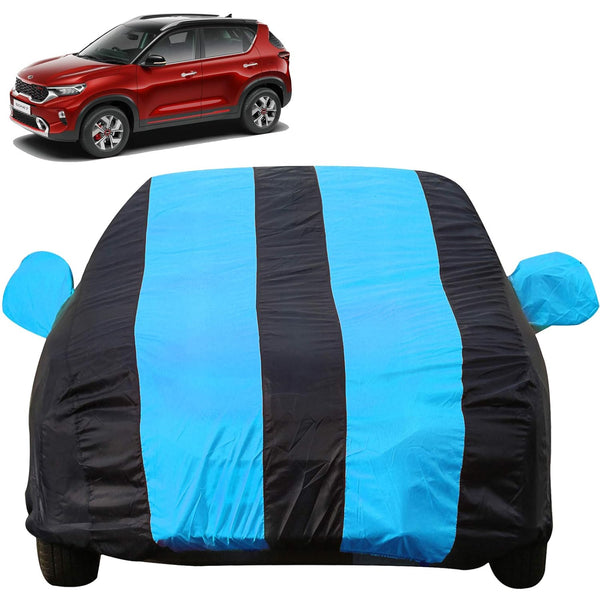 Autofact Sonet Car Cover - EasyShield - Car Body Cover for Kia Sonet - With Mirror Pockets, Triple Stitched, Bottom Fully Elastic, Adjustable Belt and Buckle (Teak Blue Stripes)