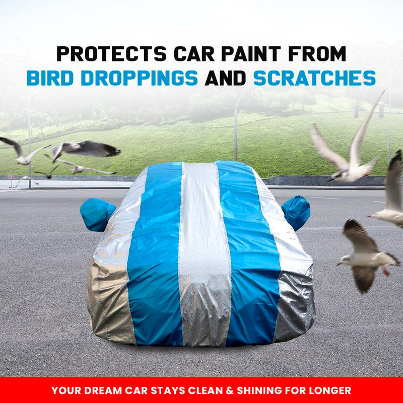 Autofact 3 Series Car Cover - FlexGuard - Waterproof Car Body Cover for BMW 3 Series - With Mirror Pockets, Triple Stitched, Bottom Fully Elastic, Adjustable Belt and Buckle (Silver / Blue Stripes)