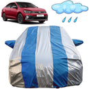 Autofact Virtus Car Cover - FlexGuard - Waterproof Car Body Cover for Volkswagen Virtus - With Mirror Pockets, Triple Stitched, Bottom Fully Elastic, Adjustable Belt and Buckle (Silver / Blue Stripes)
