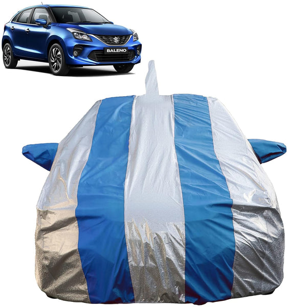 Autofact Baleno Car Cover - FlexGuard - Waterproof Car Body Cover for Maruti Baleno - With Mirror & Antenna Pockets, Triple Stitched, Bottom Fully Elastic, Adjustable Belt and Buckle (Silver / Blue Stripes)