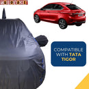 Autofact Tigor Car Cover - CoreProtect - Water Resistant Car Body Cover for Tata Tigor - With Mirror & Antenna Pockets, Triple Stitched, Bottom Fully Elastic, Adjustable Belt and Buckle (Grey 210D)