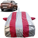 Autofact Aura Car Cover - FlexGuard - Waterproof Car Body Cover for Hyundai Aura - With Mirror & Antenna Pockets, Triple Stitched, Bottom Fully Elastic, Adjustable Belt and Buckle (Silver / Pink Stripes)