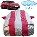 Autofact Virtus Car Cover - FlexGuard - Waterproof Car Body Cover for Volkswagen Virtus - With Mirror Pockets, Triple Stitched, Bottom Fully Elastic, Adjustable Belt and Buckle (Silver / Pink Stripes)