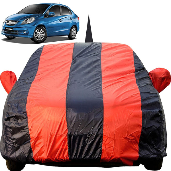 Autofact Amaze Old Model Car Cover - EasyShield - Car Body Cover for Honda Amaze Old Model - With Mirror Pockets, Triple Stitched, Bottom Fully Elastic, Adjustable Belt and Buckle (Red Blue Stripes)