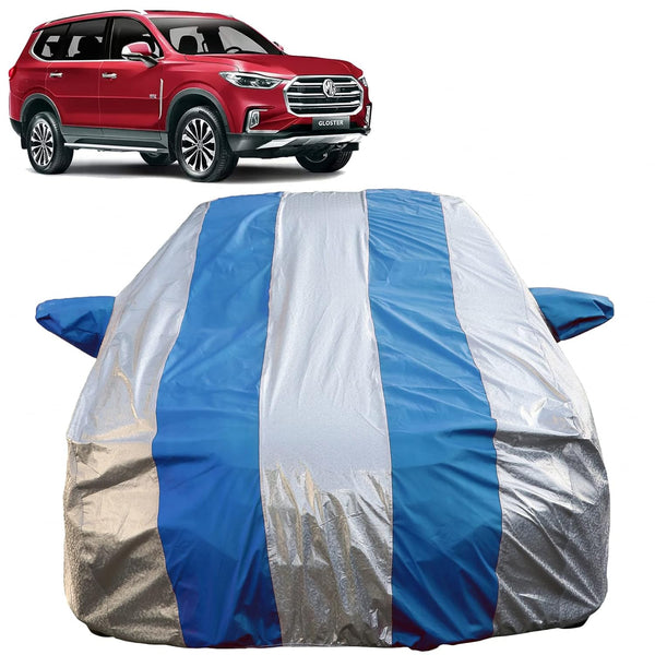 Autofact Gloster Car Cover - FlexGuard - Waterproof Car Body Cover for MG Gloster - With Mirror Pockets, Triple Stitched, Bottom Fully Elastic, Adjustable Belt and Buckle (Silver / Blue Stripes)