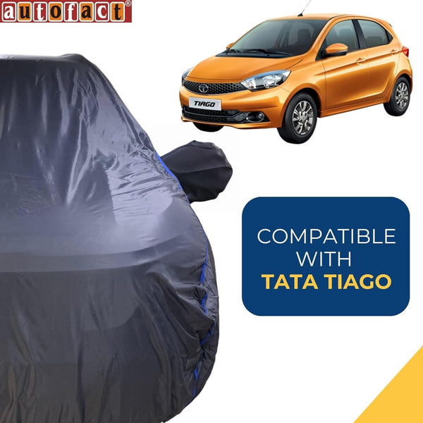 Autofact Tiago Car Cover - CoreProtect - Water Resistant Car Body Cover for Tata Tiago - With Mirror Pockets, Triple Stitched, Bottom Fully Elastic, Adjustable Belt and Buckle (Grey 210D)