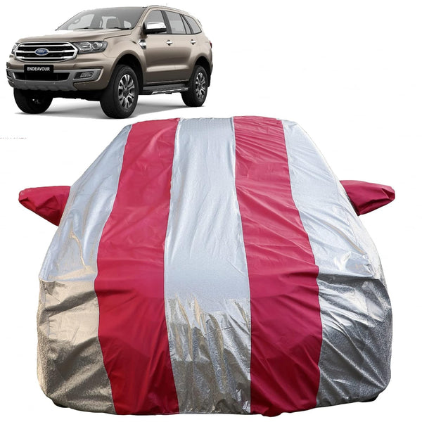 Autofact Endeavour Car Cover - FlexGuard - Waterproof Car Body Cover for Ford Endeavour - With Mirror Pockets, Triple Stitched, Bottom Fully Elastic, Adjustable Belt and Buckle (Silver / Pink Stripes)