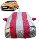 Autofact Grand I10 Car Cover - FlexGuard - Waterproof Car Body Cover for Hyundai Grand I10 - With Mirror & Antenna Pockets, Triple Stitched, Bottom Fully Elastic, Adjustable Belt and Buckle (Silver / Pink Stripes)