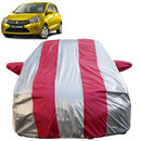 Autofact Celerio Old Model Car Cover - FlexGuard - Waterproof Car Body Cover for Maruti Celerio Old Model - With Mirror Pockets, Triple Stitched, Bottom Fully Elastic, Adjustable Belt and Buckle (Silver / Pink Stripes)