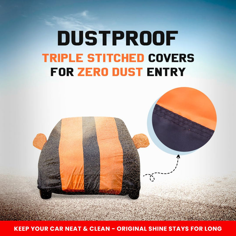 Autofact 5 Series Car Cover - EasyShield - Car Body Cover for BMW 5 Series - With Mirror Pockets, Triple Stitched, Bottom Fully Elastic, Adjustable Belt and Buckle (Orange Blue Stripes)