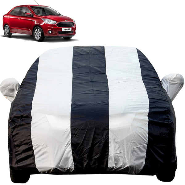 Autofact Figo Aspire Car Cover - EasyShield - Car Body Cover for Ford Figo Aspire - With Mirror Pockets, Triple Stitched, Bottom Fully Elastic, Adjustable Belt and Buckle (White Blue Stripes)