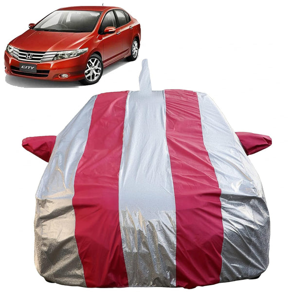 Autofact City Ivtech Car Cover - FlexGuard - Waterproof Car Body Cover for Honda City Ivtech - With Mirror & Antenna Pockets, Triple Stitched, Bottom Fully Elastic, Adjustable Belt and Buckle (Silver / Pink Stripes)