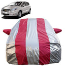 Autofact Sail UVA Car Cover - FlexGuard - Waterproof Car Body Cover for Chevrolet Sail UVA - With Mirror Pockets, Triple Stitched, Bottom Fully Elastic, Adjustable Belt and Buckle (Silver / Pink Stripes)
