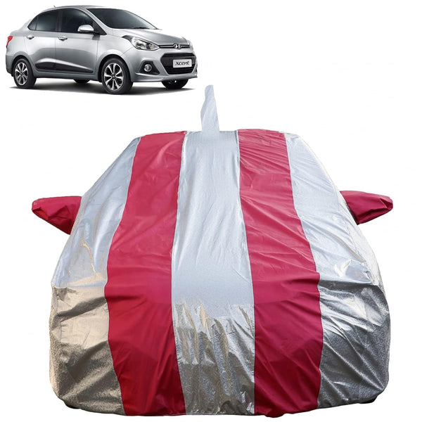 Autofact Xcent Car Cover - FlexGuard - Waterproof Car Body Cover for Hyundai Xcent - With Mirror & Antenna Pockets, Triple Stitched, Bottom Fully Elastic, Adjustable Belt and Buckle (Silver / Pink Stripes)