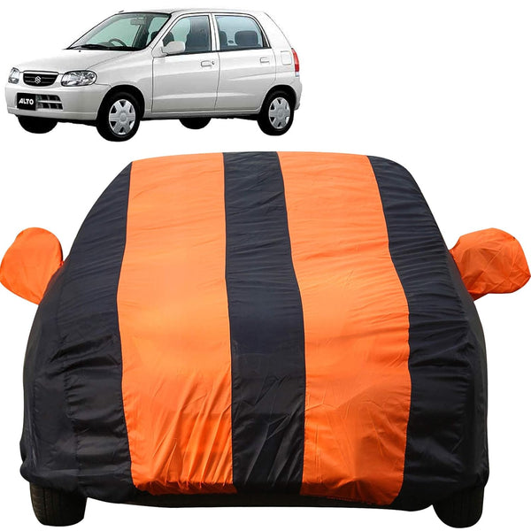 Autofact Alto 800 Car Cover - EasyShield - Car Body Cover for Maruti Alto 800 - With Mirror Pockets, Triple Stitched, Bottom Fully Elastic, Adjustable Belt and Buckle (Orange Blue Stripes)