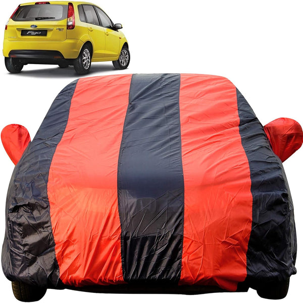 Autofact Figo Old Model Car Cover - EasyShield - Car Body Cover for Ford Figo Old Model - With Mirror Pockets, Triple Stitched, Bottom Fully Elastic, Adjustable Belt and Buckle (Red Blue Stripes)