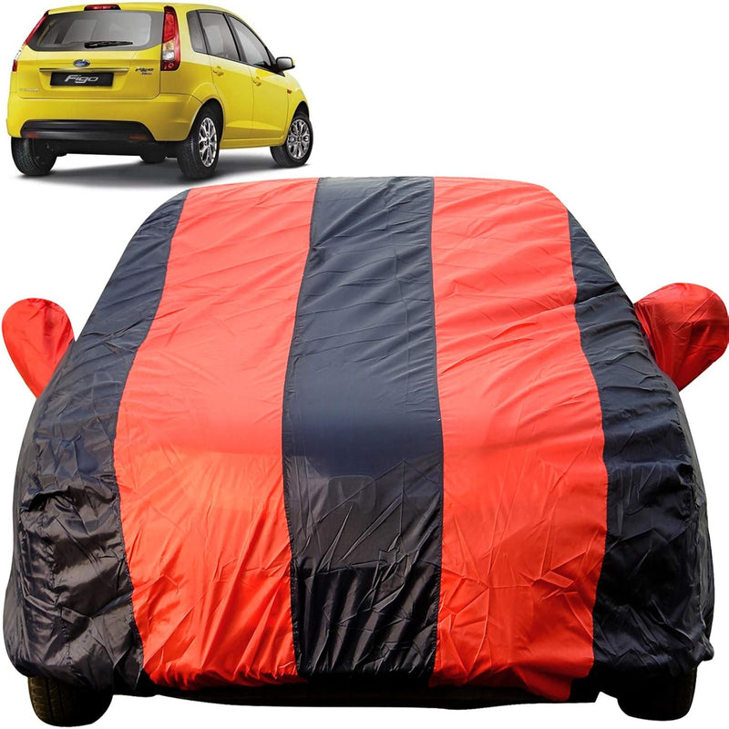 Autofact Figo Old Model Car Cover - EasyShield - Car Body Cover for Ford Figo Old Model - With Mirror Pockets, Triple Stitched, Bottom Fully Elastic, Adjustable Belt and Buckle (Red Blue Stripes)