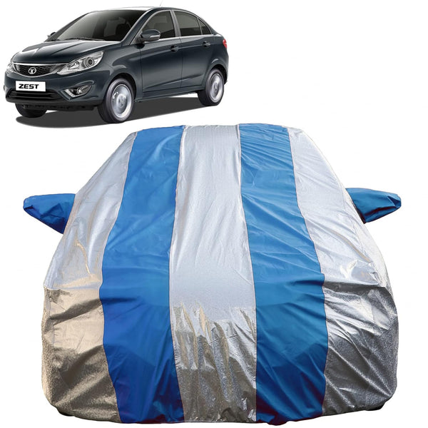Autofact Zest Car Cover - FlexGuard - Waterproof Car Body Cover for Tata Zest - With Mirror Pockets, Triple Stitched, Bottom Fully Elastic, Adjustable Belt and Buckle (Silver / Blue Stripes)