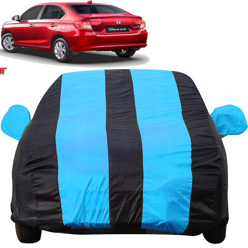 Autofact Amaze New Model Car Cover - EasyShield - Car Body Cover for Honda Amaze New Model - With Mirror Pockets, Triple Stitched, Bottom Fully Elastic, Adjustable Belt and Buckle (Teak Blue Stripes)