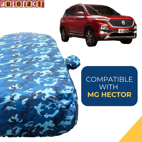 Autofact Hector Car Cover - TearTough - Dog Proof / Waterproof Car Body Cover for MG Hector - With Mirror Pockets, Triple Stitched, Bottom Fully Elastic, Adjustable Belt and Buckle (Airforce Blue 4x4)