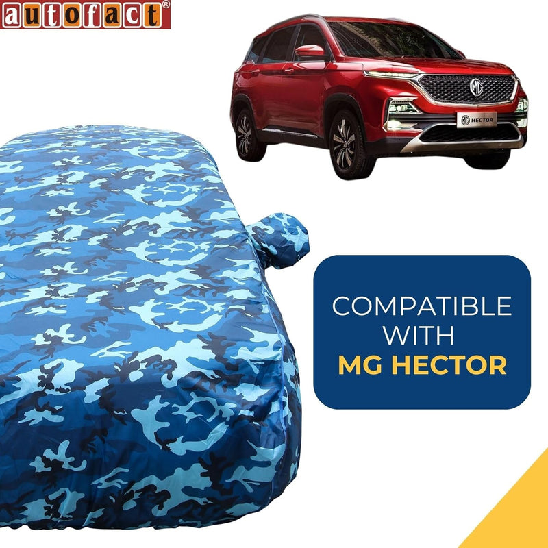 Autofact Hector Car Cover - TearTough - Dog Proof / Waterproof Car Body Cover for MG Hector - With Mirror Pockets, Triple Stitched, Bottom Fully Elastic, Adjustable Belt and Buckle (Airforce Blue 4x4)