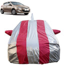 Autofact Old i20 Car Cover - FlexGuard - Waterproof Car Body Cover for Hyundai Old i20 - With Mirror & Antenna Pockets, Triple Stitched, Bottom Fully Elastic, Adjustable Belt and Buckle (Silver / Pink Stripes)