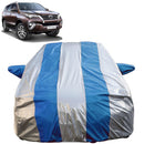 Autofact Fortuner Car Cover - FlexGuard - Waterproof Car Body Cover for Toyota Fortuner - With Mirror Pockets, Triple Stitched, Bottom Fully Elastic, Adjustable Belt and Buckle (Silver / Blue Stripes)