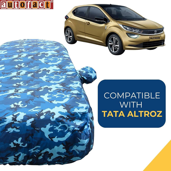 Autofact Altroz Car Cover - TearTough - Dog Proof / Waterproof Car Body Cover for Tata Altroz - With Mirror Pockets, Triple Stitched, Bottom Fully Elastic, Adjustable Belt and Buckle (Airforce Blue 4x4)