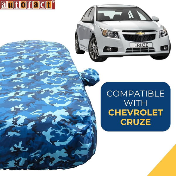 Autofact Cruze Car Cover - TearTough - Dog Proof / Waterproof Car Body Cover for Chevrolet Cruze - With Mirror Pockets, Triple Stitched, Bottom Fully Elastic, Adjustable Belt and Buckle (Airforce Blue 4x4)