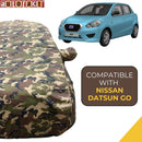 Autofact Datsun Go Car Cover - TearTough - Dog Proof / Waterproof Car Body Cover for Nissan Datsun Go - With Mirror Pockets, Triple Stitched, Bottom Fully Elastic, Adjustable Belt and Buckle (Jungle Print 4x4)