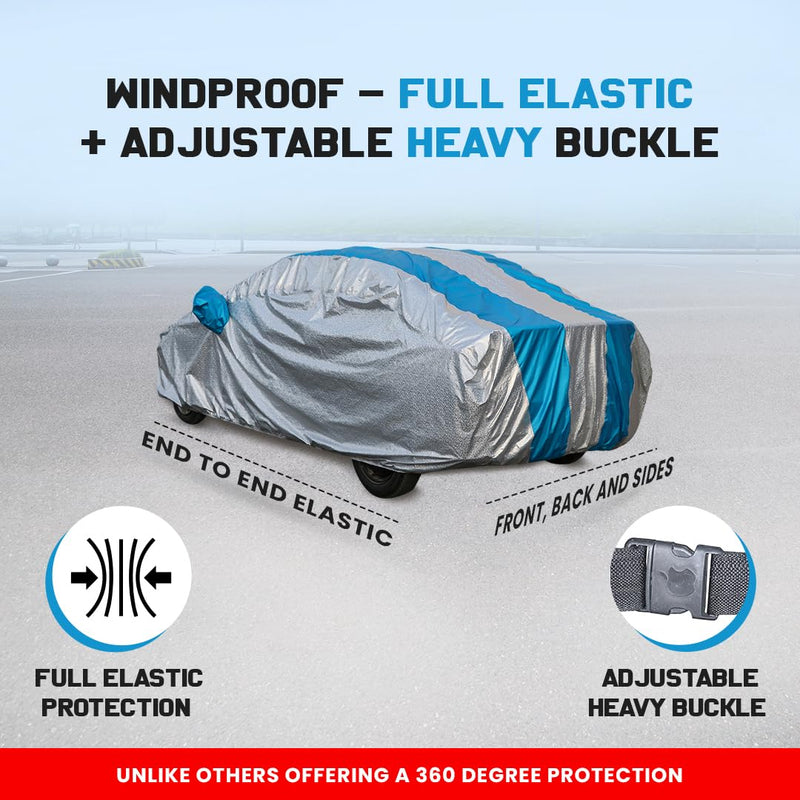 Autofact 5 Series Car Cover - FlexGuard - Waterproof Car Body Cover for BMW 5 Series - With Mirror Pockets, Triple Stitched, Bottom Fully Elastic, Adjustable Belt and Buckle (Silver / Blue Stripes)