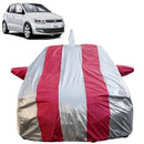 Autofact Polo Car Cover - FlexGuard - Waterproof Car Body Cover for Volkswagen Polo - With Mirror & Antenna Pockets, Triple Stitched, Bottom Fully Elastic, Adjustable Belt and Buckle (Silver / Pink Stripes)