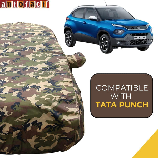 Autofact Punch Car Cover - TearTough - Dog Proof / Waterproof Car Body Cover for Tata Punch - With Mirror Pockets, Triple Stitched, Bottom Fully Elastic, Adjustable Belt and Buckle (Jungle Print 4x4)