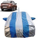 Autofact Aura Car Cover - FlexGuard - Waterproof Car Body Cover for Hyundai Aura - With Mirror & Antenna Pockets, Triple Stitched, Bottom Fully Elastic, Adjustable Belt and Buckle (Silver / Blue Stripes)