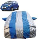 Autofact Eon Car Cover - FlexGuard - Waterproof Car Body Cover for Hyundai Eon - With Mirror Pockets, Triple Stitched, Bottom Fully Elastic, Adjustable Belt and Buckle (Silver / Blue Stripes)
