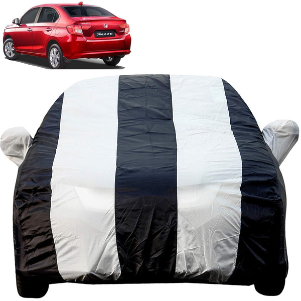 Autofact Amaze New Model Car Cover - EasyShield - Car Body Cover for Honda Amaze New Model - With Mirror Pockets, Triple Stitched, Bottom Fully Elastic, Adjustable Belt and Buckle (White Blue Stripes)