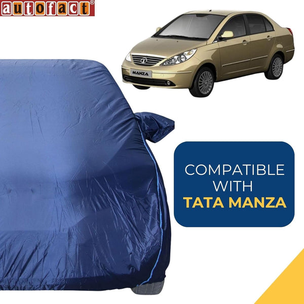 Autofact Manza Car Cover - CoreProtect - Water Resistant Car Body Cover for Tata Manza - With Mirror Pockets, Triple Stitched, Bottom Fully Elastic, Adjustable Belt and Buckle (Navy 210D)